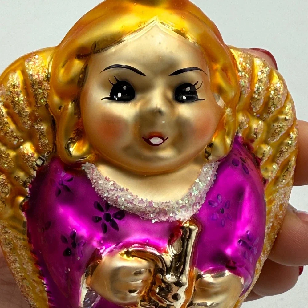 Vintage Glass‎ Angel Christmas Ornament Trumpet Purple Gold West Germany